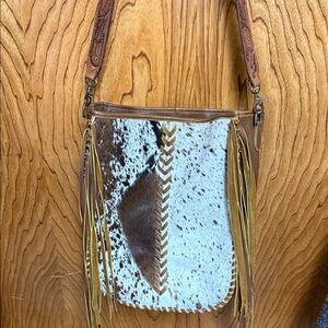 American Darling Brown and White Leather Fringe Bag Hair On.